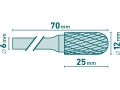 EXTOL fréza karbidová, válcová s kulovým čelem, pr.12x25mm/stopka 6mm,sek střední(double-cut) (8703725)