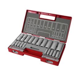 FORTUM sada prodloužených nástrčných klíčů 20ks, 1/2" & 1/4", velké ořechy 1/4": 4-5-5,5-6-7-8-9-10-11-12mm, 1/2" 13-14-15-16-17