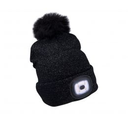 EXTOL čepice s čelovkou 4x45lm, USB nabíjení, černá se třpytkou a bambulí, univerzální velikost (43196)