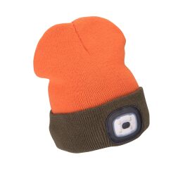 EXTOL čepice s čelovkou 4x45lm, USB nabíjení, fluorescentní oranžová/khaki zelená, oboustranná, univerzální velikost (43460)